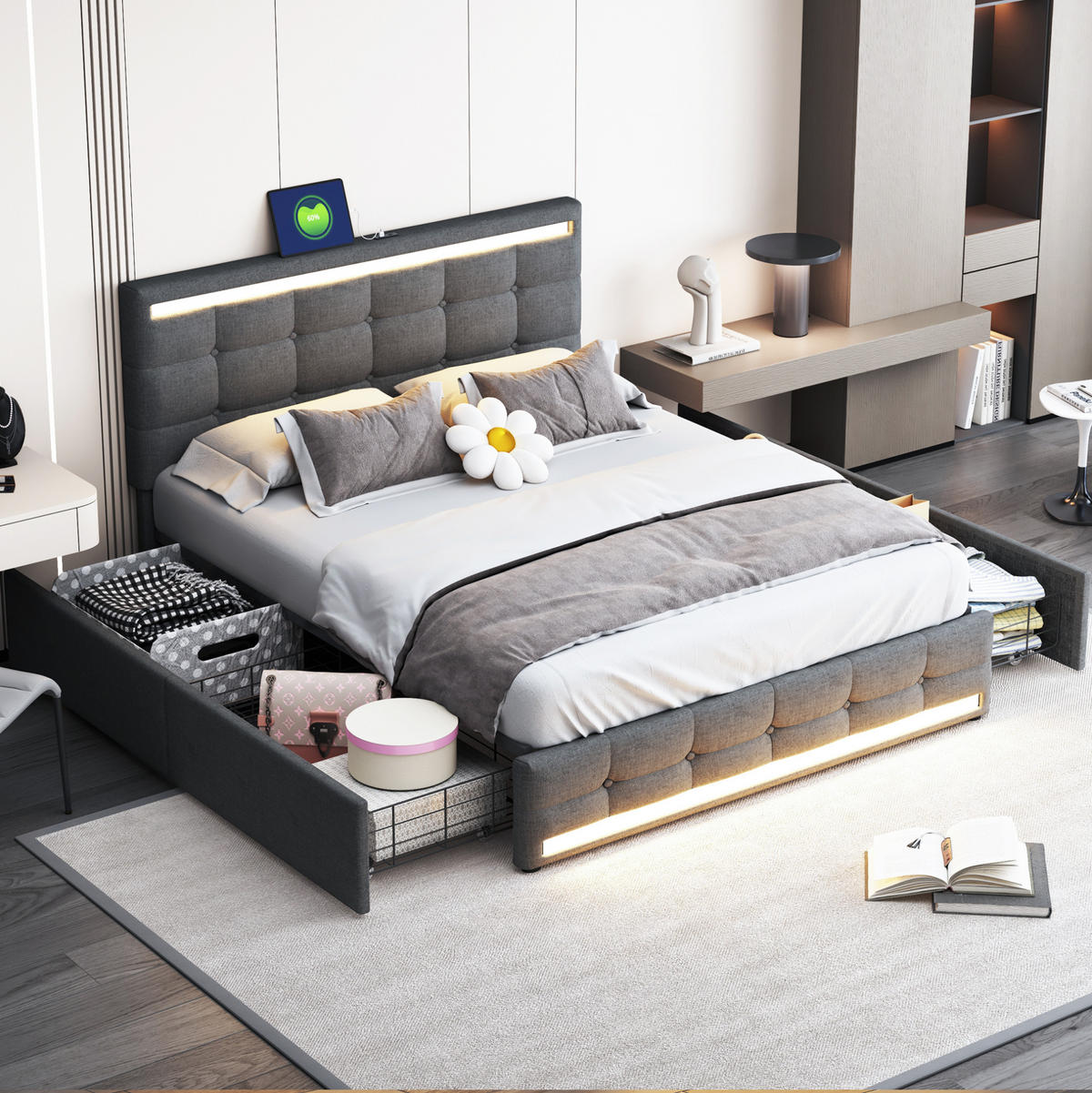 POLSTERBETT aus gepolstertem Stoff 140x200 cm Grau mit LED-Beleuchtung, 2 USB-Anschlüssen und 4 Schubladen - Grau, Textil (140/200cm) - Modfu