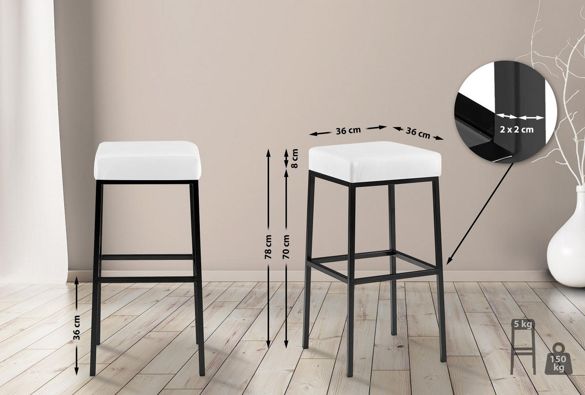 BARHOCKER 2er Set Lederlook weiß - Schwarz/Weiß, Textil/Metall (37/78/37cm) - CLP