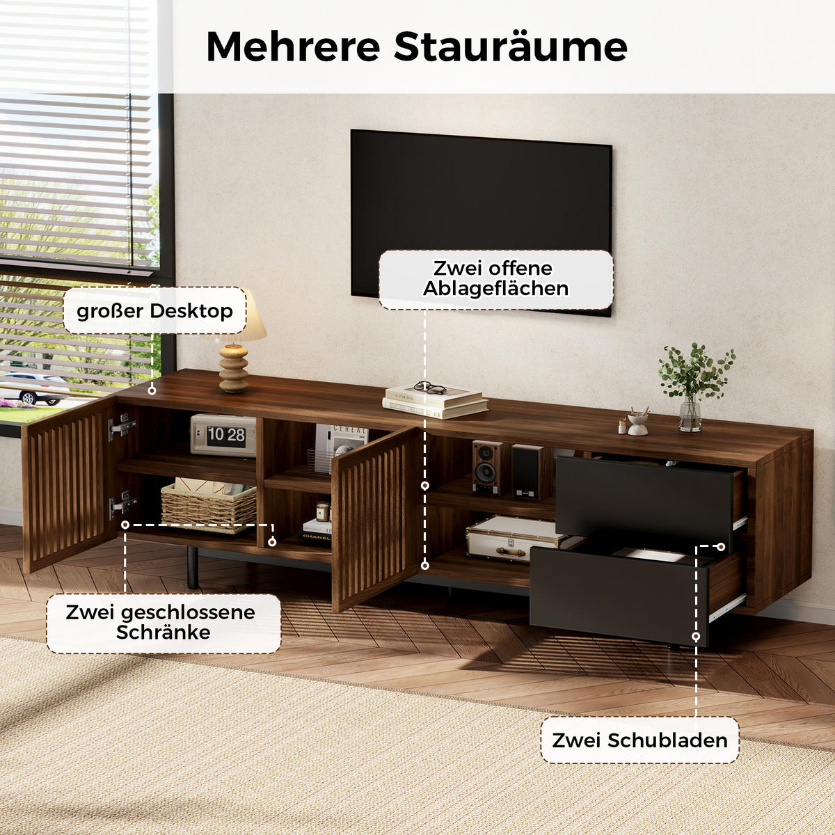TV-LOWBOARD Walnuss & Schwarz 160cm mit Lamellentüren und 2 Schubladen - Walnussfarben, Holzwerkstoff (160/50/38cm) - Urban Meuble