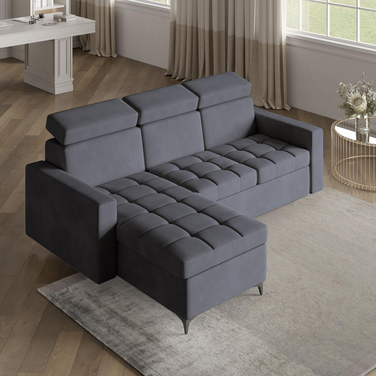 ECKSOFA KAME Grau Plüsch-Stoff mit Schlaffunktion - Grau, Holz (227/168cm) - MASSENO
