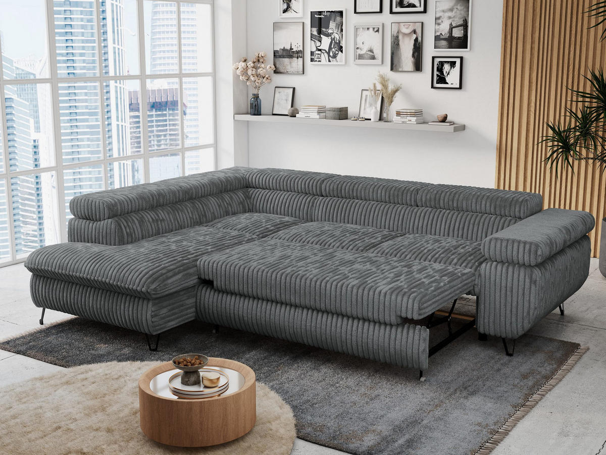 ECKSOFA PETER L Dunkelgrau Cord - Links Seite - Dunkelgrau/Schwarz, Textil/Metall (208/273cm) - MKS