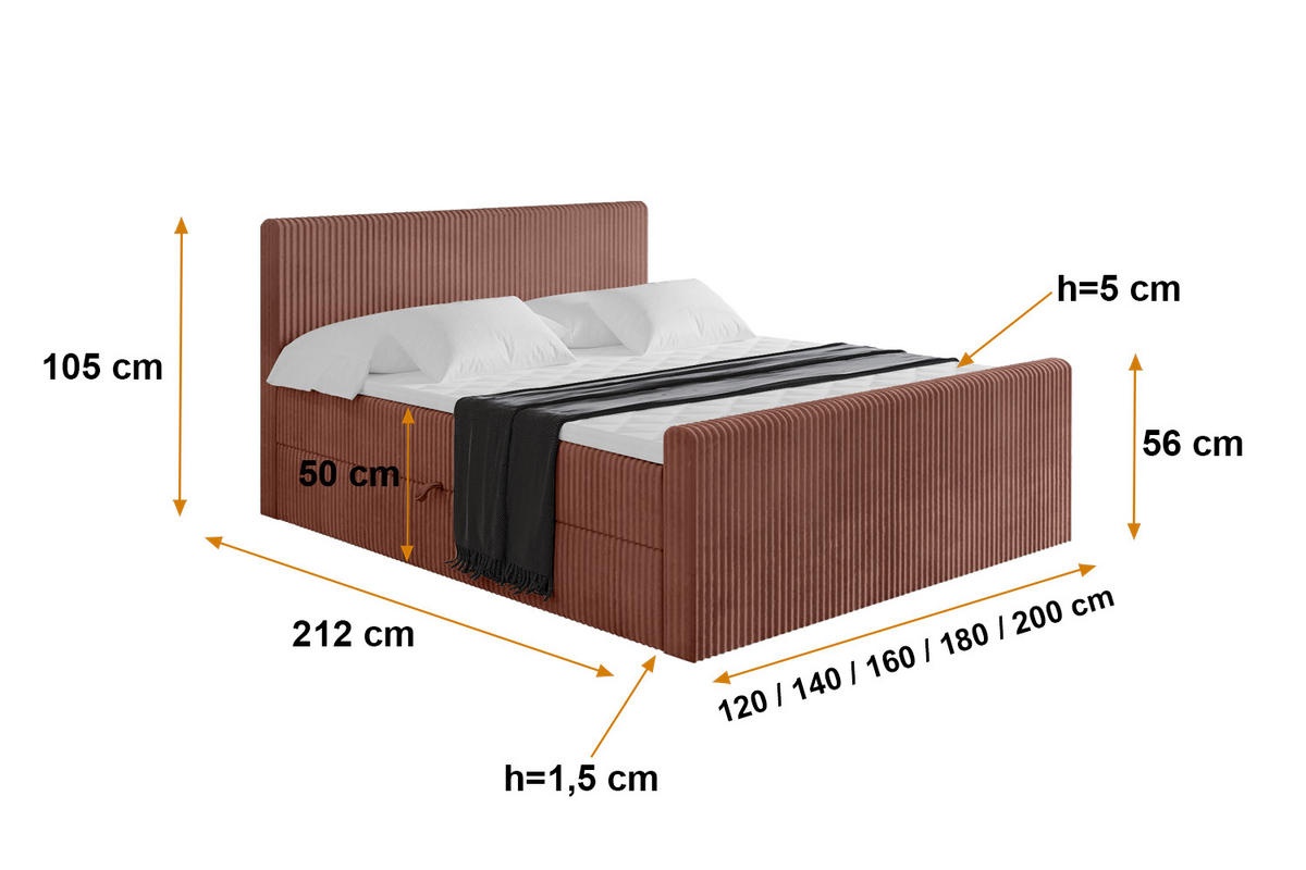 BOXBETT mit Matratze H4 und Lattenrost - TOLO-Z - 120x200 Cord - Ziegelrot - Rostfarben, Holzwerkstoff (120/200cm) - ALTDECOR