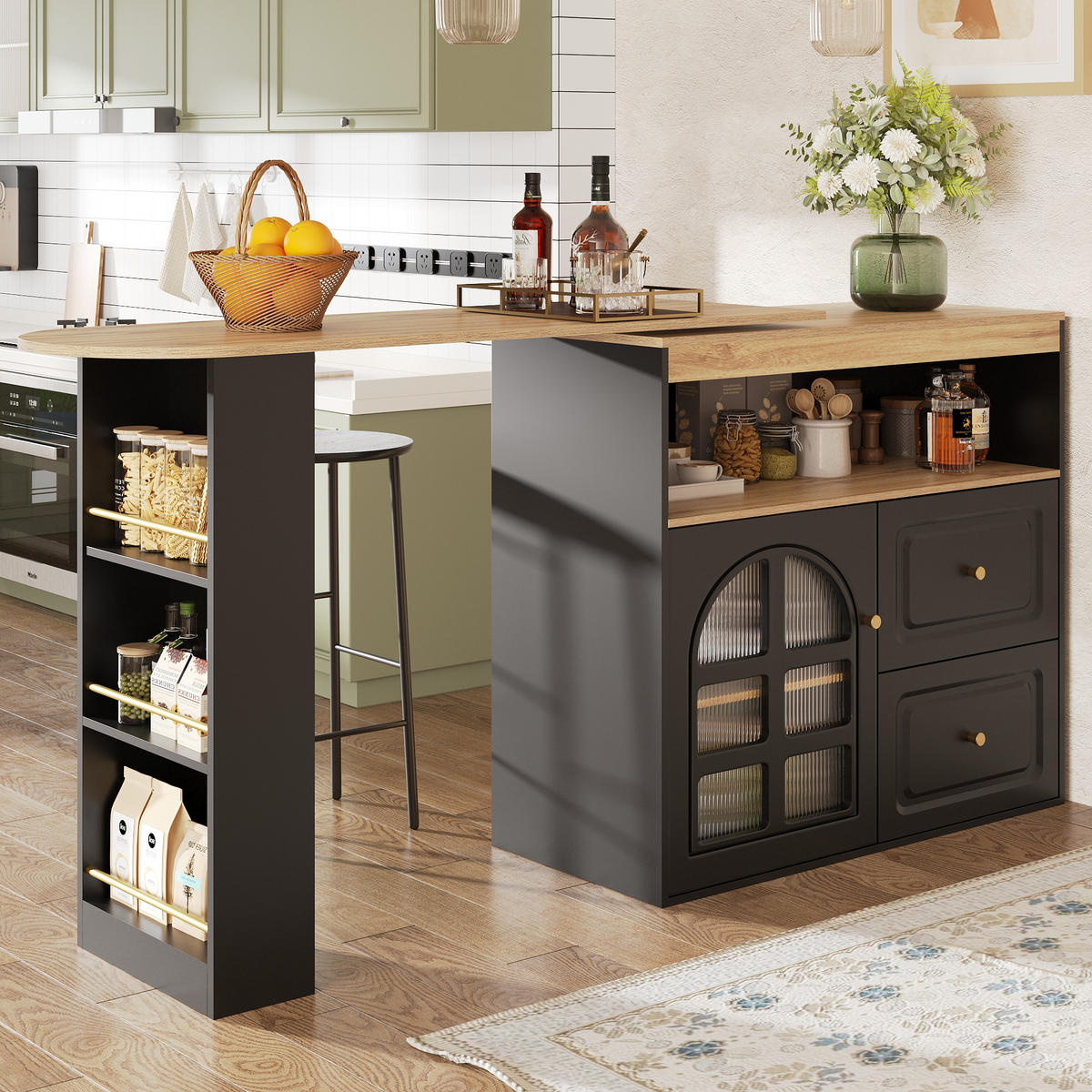 STEHTISCH 138-204x39x104cm Schwarz mit Snackregal & Drehfunktion - Schwarz, Holzwerkstoff (204/104/39cm) - Modfu