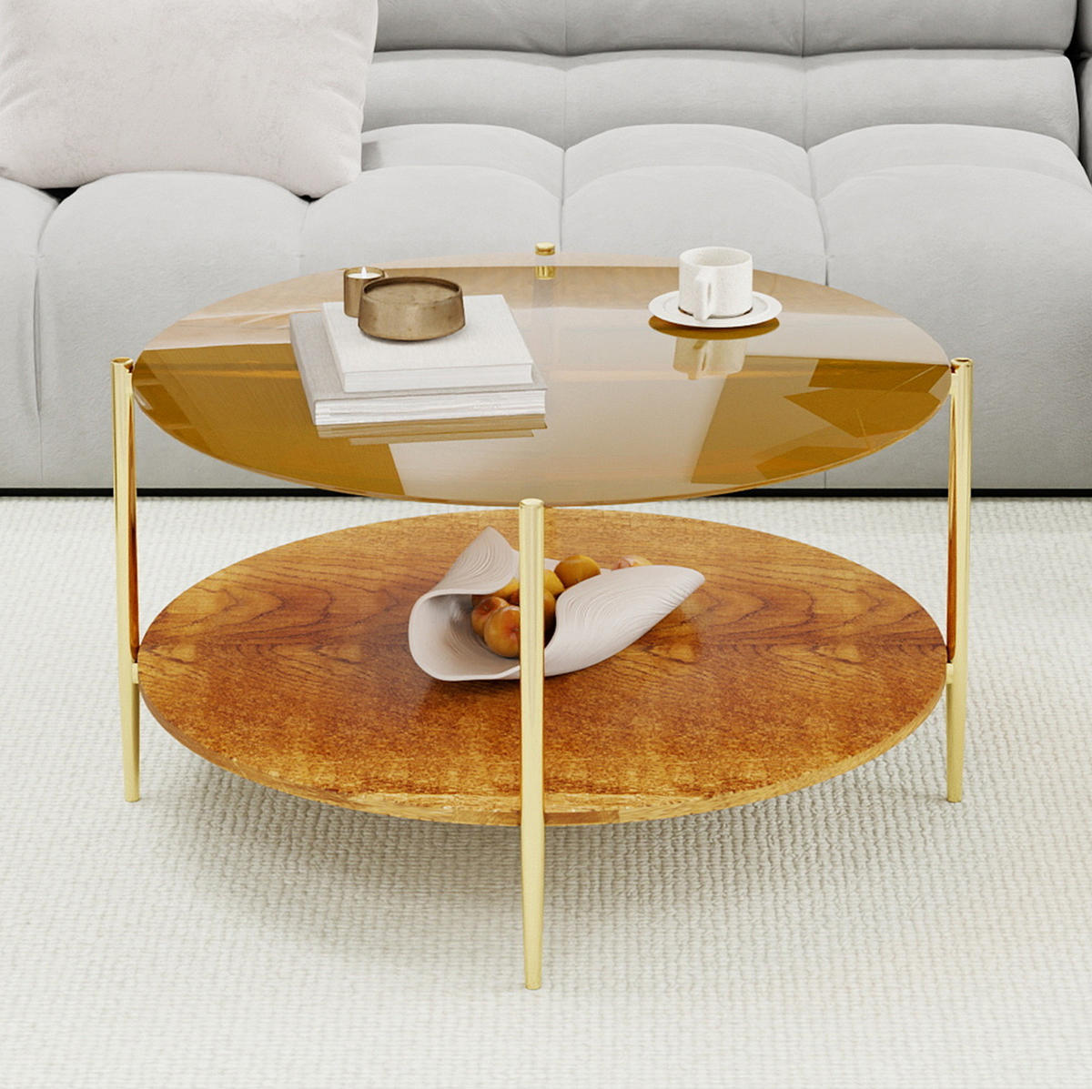 COUCHTISCH Ø82/45 cm in Gold mit Glasplatte und Holzablage - Goldfarben, Glas (82/82/45cm) - BEAOK