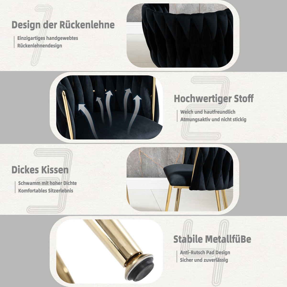 ESSZIMMERSTÜHLE 2er Set Samtbezug mit Metallrahmen, Schwarz - Goldfarben/Schwarz, Textil/Metall (55.5/74/50cm) - LVHOM