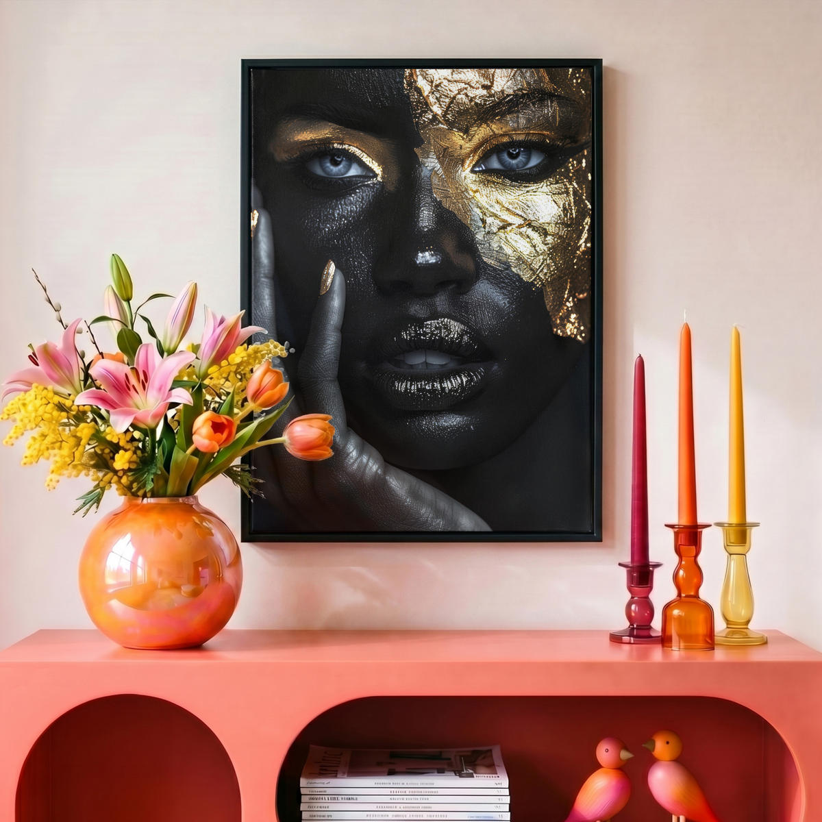 LEINWAND Bilder mit Rahmen - Frau - Gold - Porträt - Schwarz-Weiß - Luxus - 30x40 - Hellblau, Textil (30/40cm) - MuchoWow