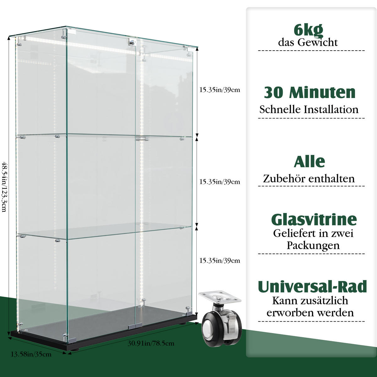 VITRINE Schwarz Mit LED, 2 Türen, 3 Böden, Glas-Schrank Für Wohnzimmer - Schwarz, Holz (35/123.3/78.5cm)