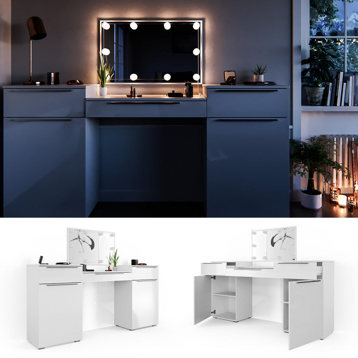 SCHMINKTISCH Lilli Weiß 190 cm mit LED Beleuchtung - Weiß, Holzwerkstoff (190/90/39cm) - Vicco