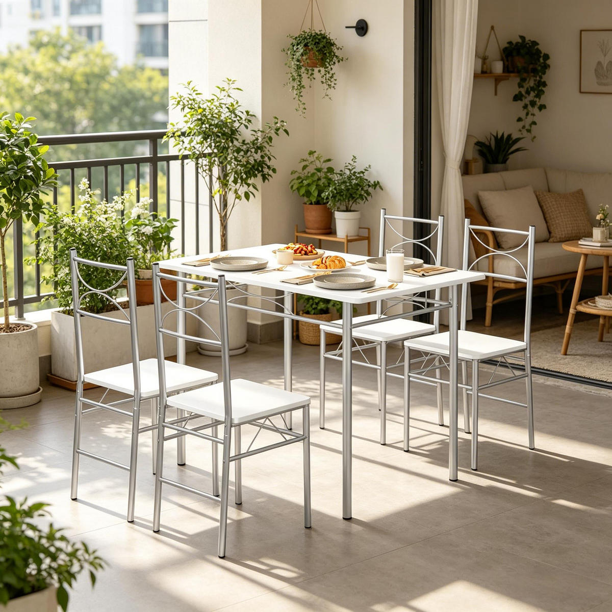 ESSGRUPPE DE-39312 110/70 cm Tisch mit 4 Stühlen Silber - Silberfarben, Metall (110/76/70cm) - ComfortXL