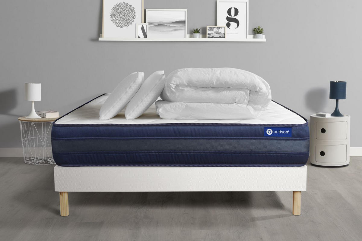 BETT Actimemo tech Memory-Schaum 140 x 200 cm h4 - Kit Bettgestell Weiß - Mit Kissen und Bettdecke - Beige/Weiß, Holz/Textil (140/200cm) - ACTISOM