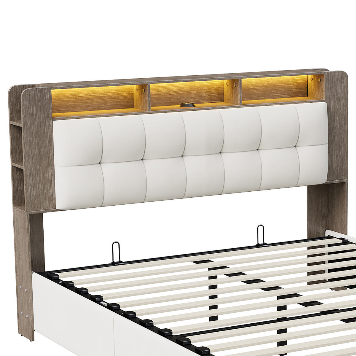 POLSTERBETT Holzdekor 140/200 cm mit Bettkasten & Qi-Ladepad Samtoptik Beige - Beige, Textil (140/200cm) - Creahappy