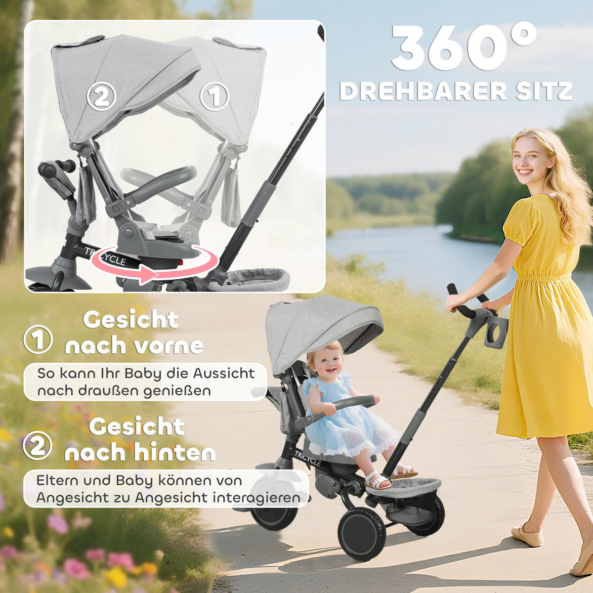 DREIRAD 6in1 mit Schubstange für 1-5 Jahre Kinderdreirad mit drehbarem Sitz Grau - Grau, Metall (111.5/52/98cm) - AIYAPLAY