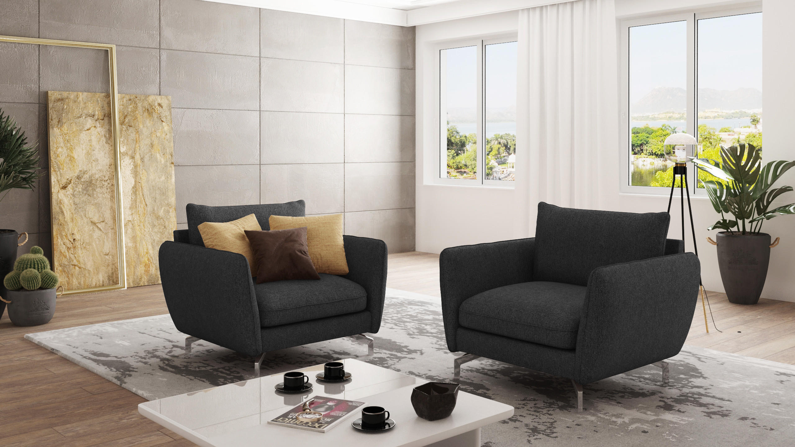 Thumbnail - S-Style Möbel Sessel, Graphit, Textil, Echtholz,Buche, Birke, 1-Sitzer, Füllung: Silikon,Schaumstoff, 103x87x92 cm, Blau...