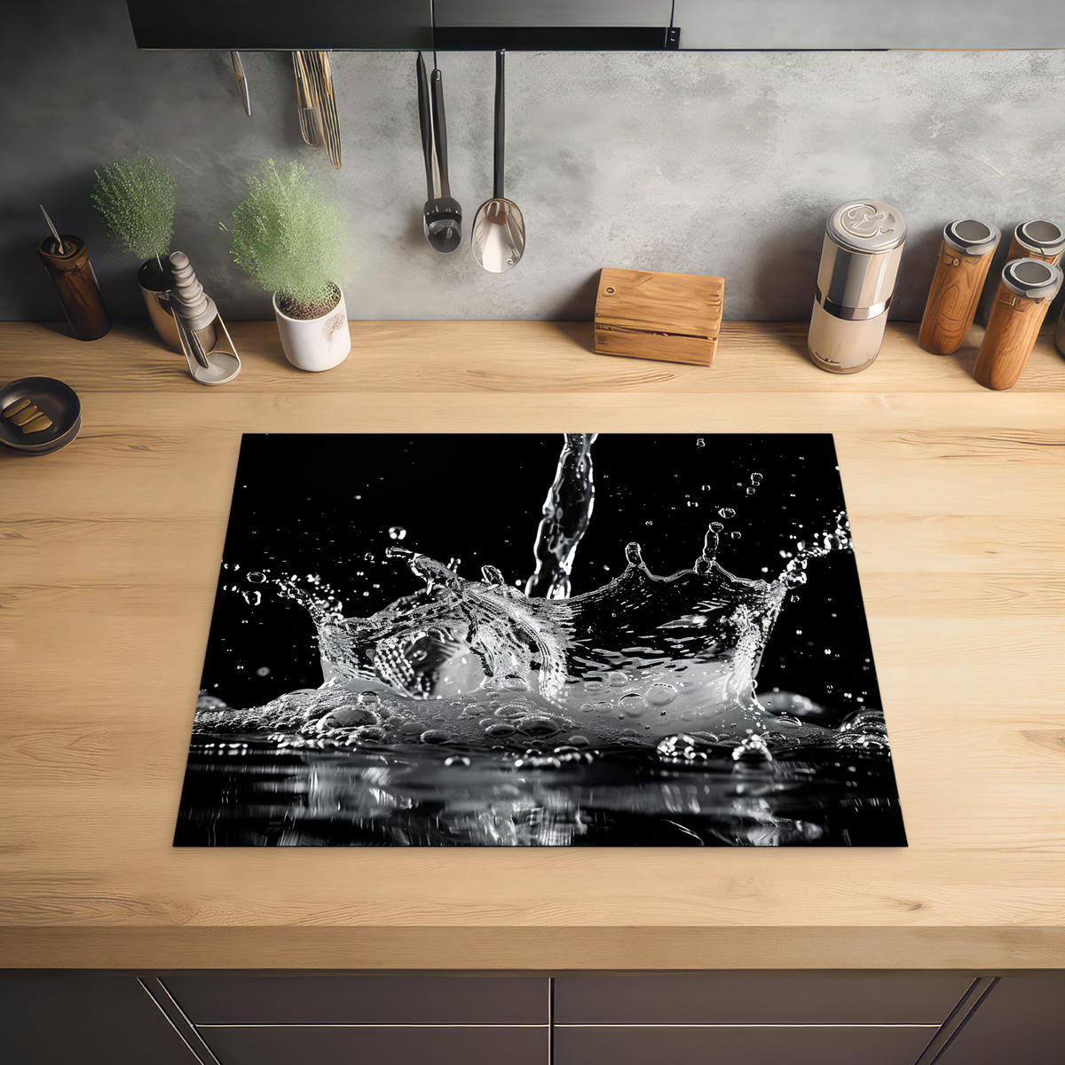 HERDABDECKPLATTE Wasser - Spritzwasser - Schwarz Herdabdeckung Induktionsfeld 65x52 cm - Schwarz, Kunststoff (65/52/0.2cm) - MuchoWow