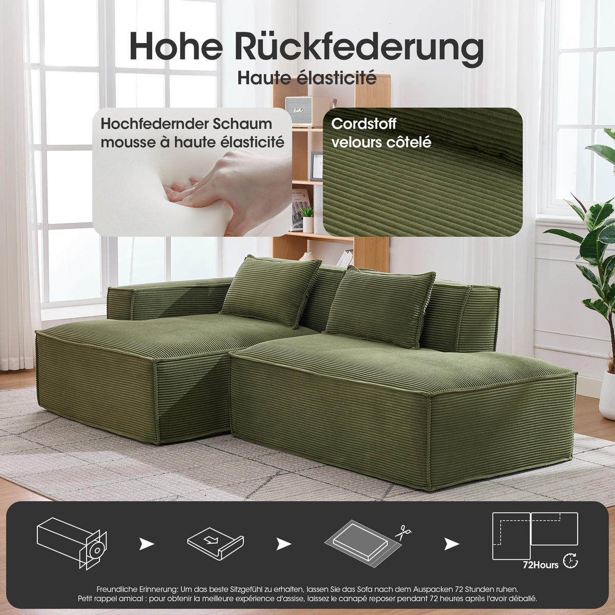 ECKSOFA polyester L-form mit taschenfederkern & 2 kissen - Grün, Textil (235/129cm) - Urban Meuble