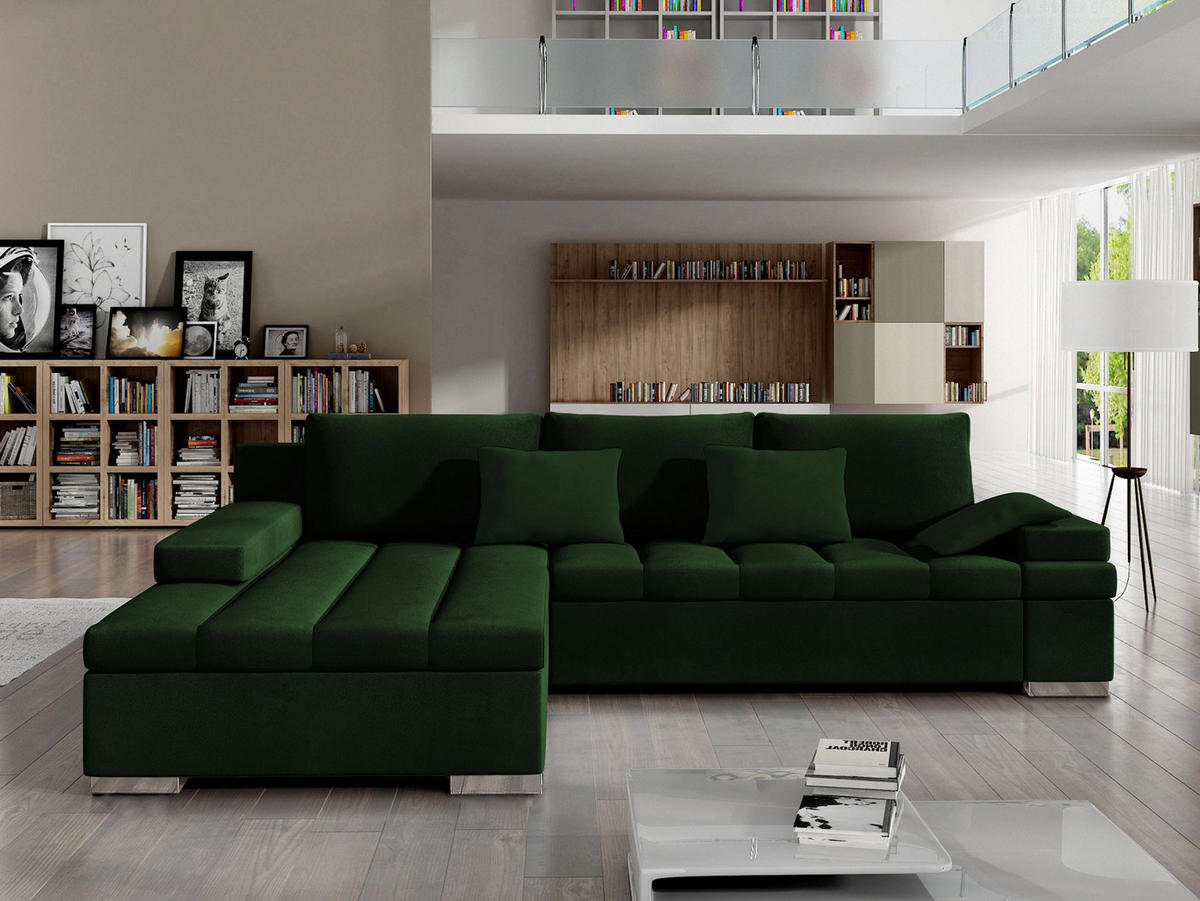 ECKSOFA Bangkok, Seite: Links - Waldgrün/Silberfarben, Holz/Textil (310/175cm) - MIRJAN24