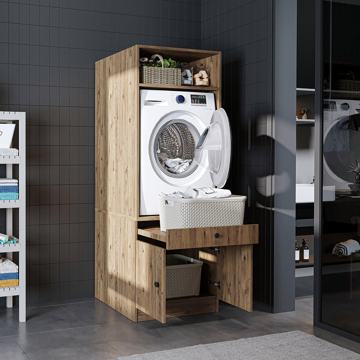 WASCHMASCHINENSCHRANK Serie 1 67cm Breit, 184cm Hoch - Eichefarben, Holzwerkstoff (67/184/67cm)