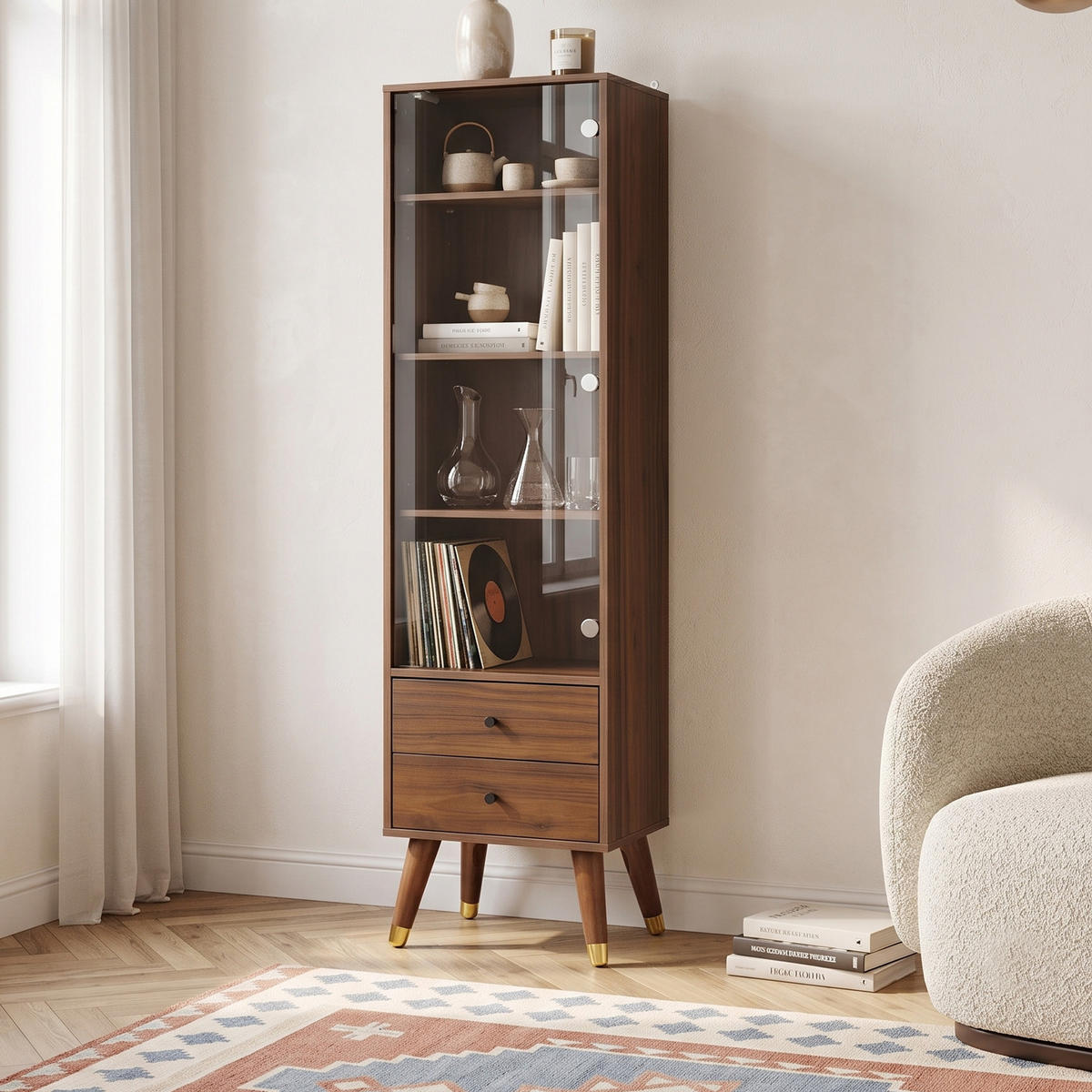 HIGHBOARD Nussbaumholz-Optik mit Glastür, 2 Schubladen & verstellbaren Regalen - Walnussfarben, Holzwerkstoff (39.8/160/35cm) - Urban Meuble
