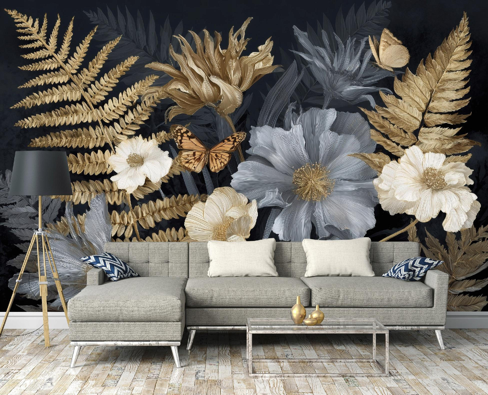 FOTOTAPETE Blätter Blumen Grau 400x280 cm - Multicolor, Papier (400/280cm) - Wallarena