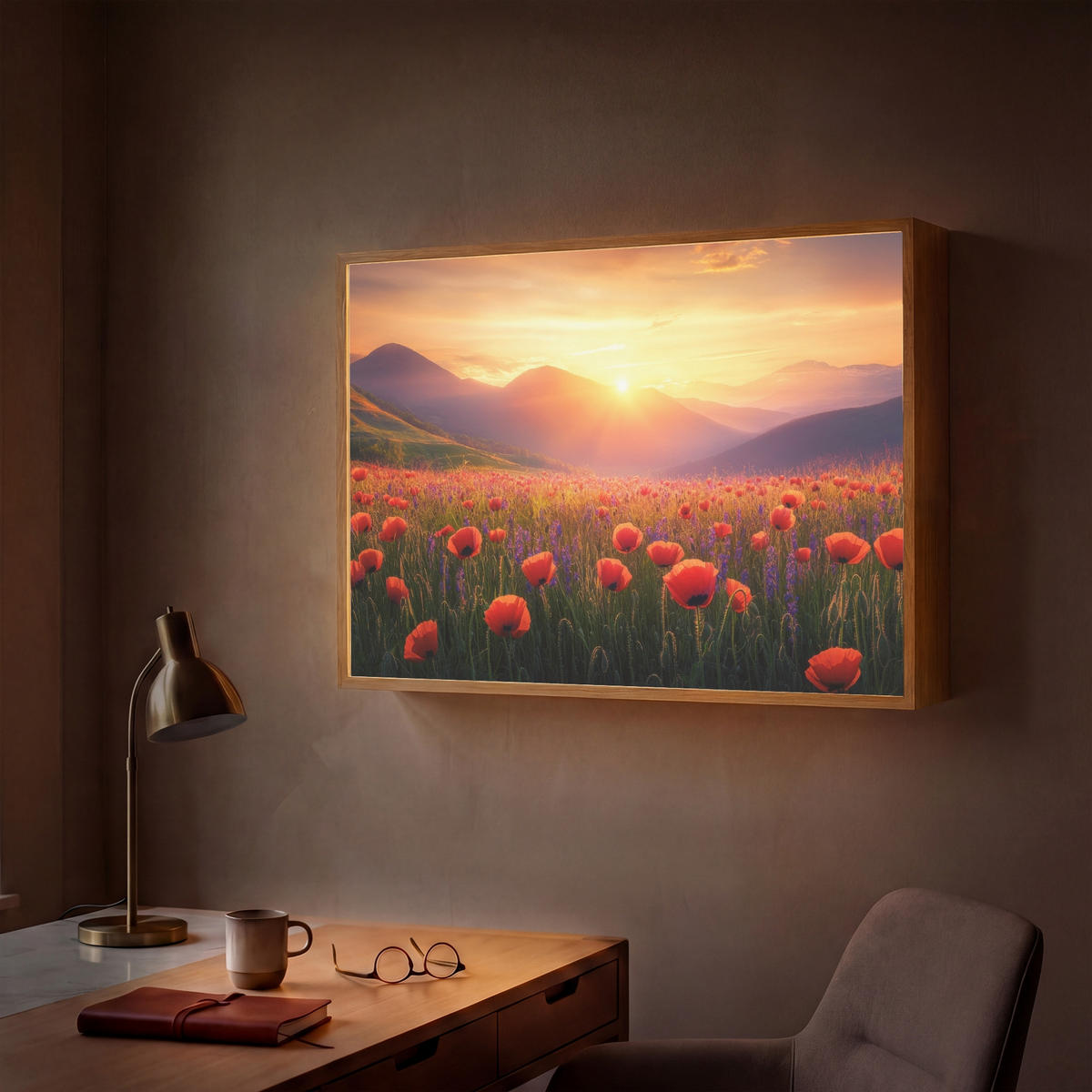 WANDLEUCHTE MIT AKKU Landschaft - Sonnenuntergang - Blumenfeld 100x70 cm - Rot, Holzwerkstoff (100/70/8cm) - OnlyWow