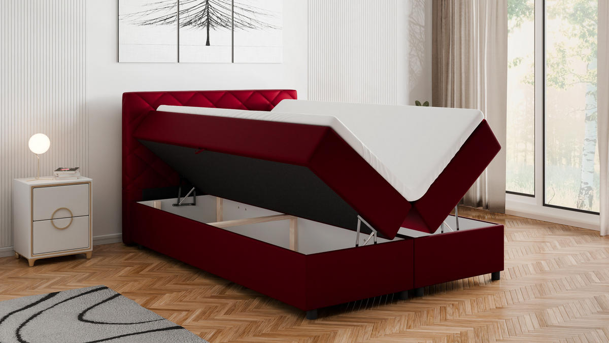 BOXBETT Diamaro 140x200 cm mit Bettkasten und Topper - Rot - Rot, Holz (140/200cm) - Homesy