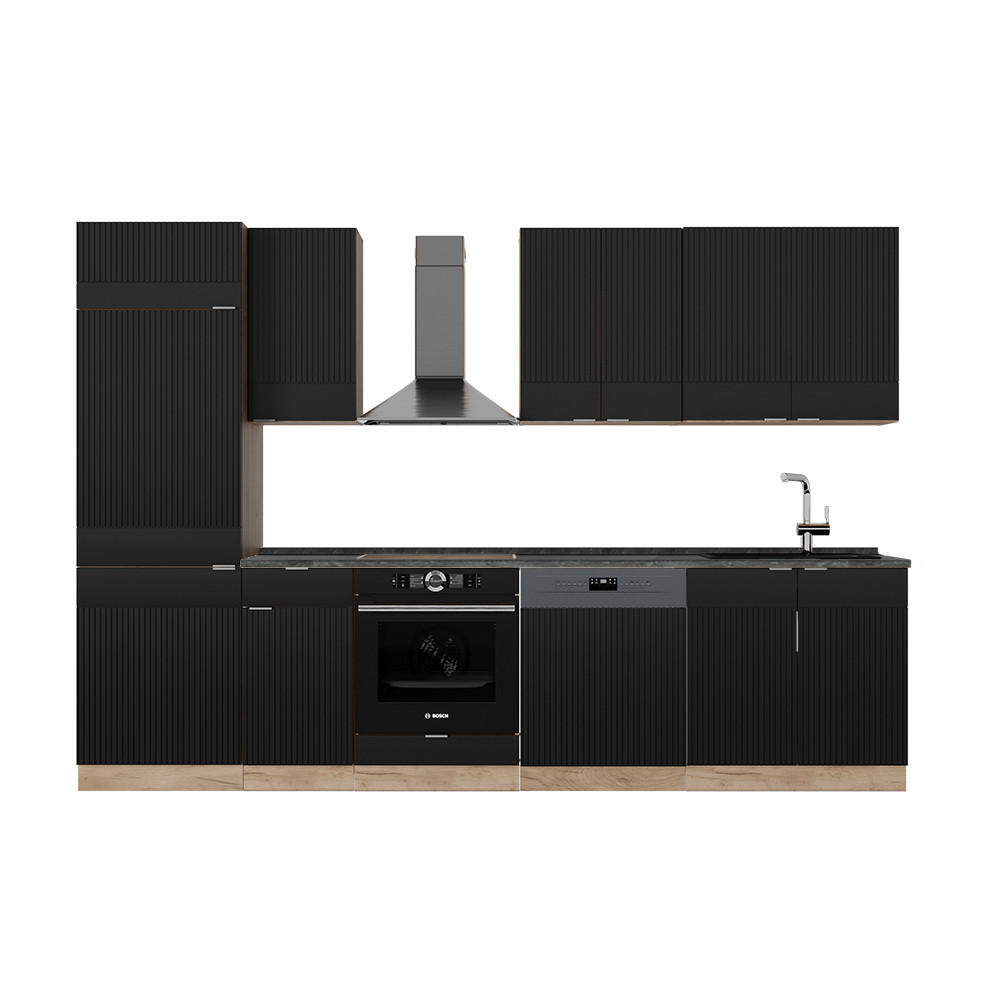 KÜCHENZEILE Fame-Line, Schwarz gestreift/Goldkraft Eiche, 300 cm, AP Anthrazit - Honigeiche/Schwarz, Holzwerkstoff (300/81.6/60cm) - Vicco