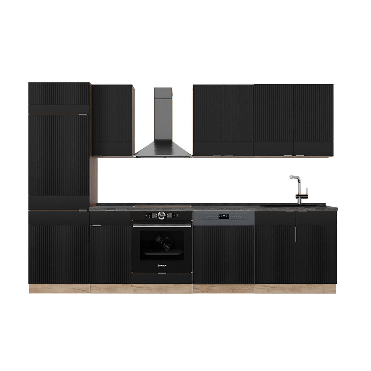 KÜCHENZEILE Fame-Line, Schwarz gestreift/Goldkraft Eiche, 300 cm, AP Anthrazit - Honigeiche/Schwarz, Holzwerkstoff (300/81.6/60cm) - Vicco