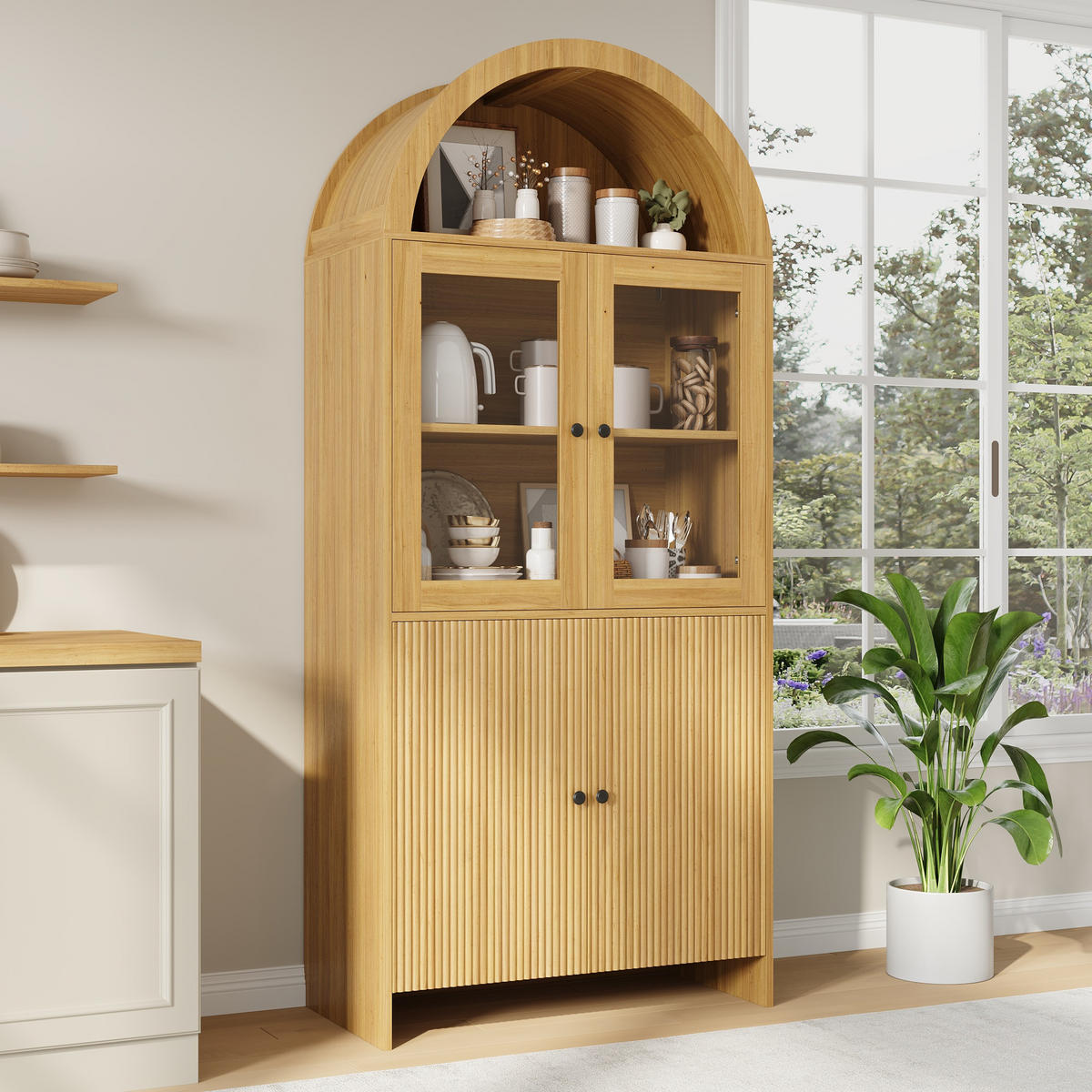SIDEBOARD Bogen Glas Vitrine Wellenmuster - Naturfarben, Holzwerkstoff (78/176/40cm) - Fortuna Lai