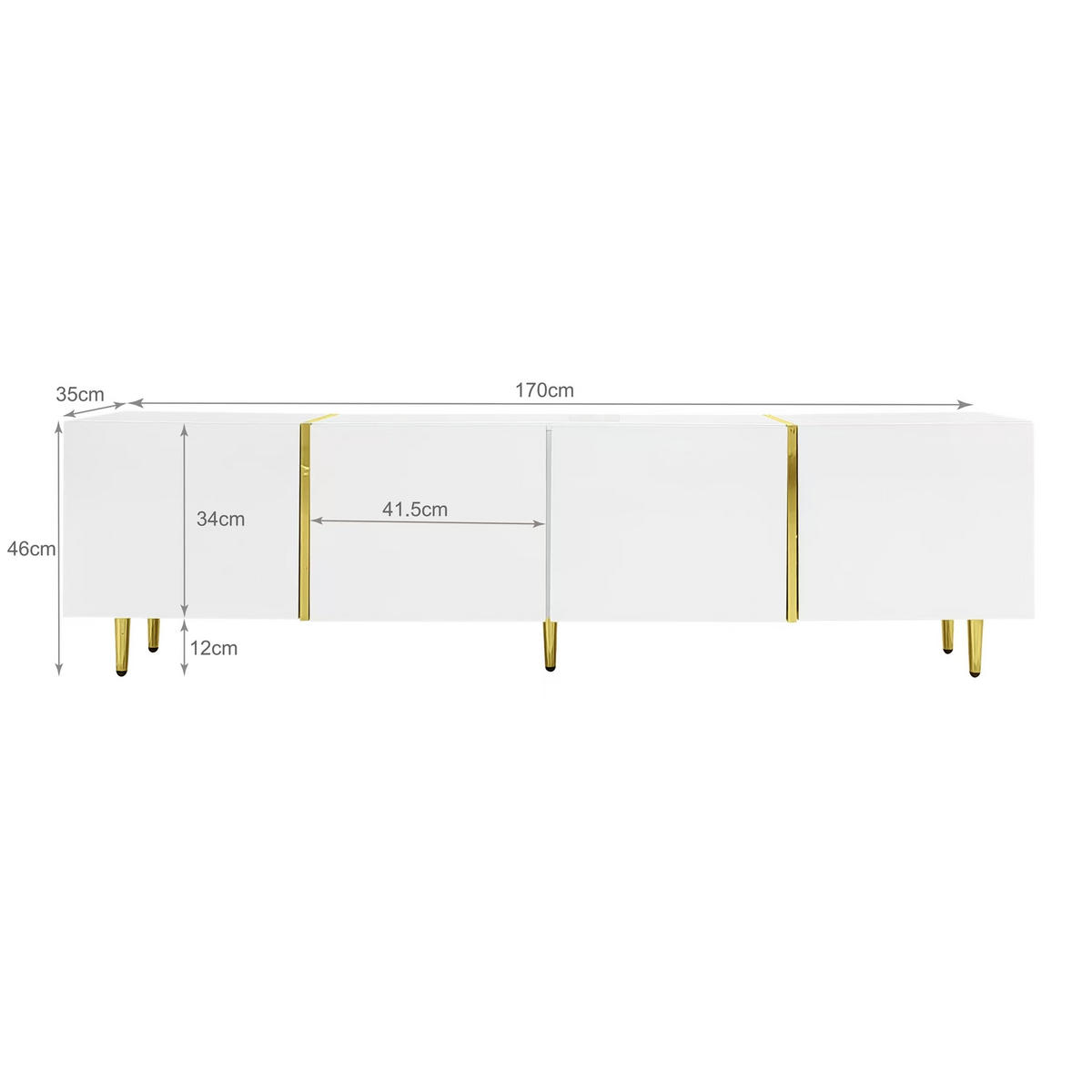 LOWBOARD in Weiß und Gold Hochglanz-TV-Schrank mit 4 Türen für Wohnzimmer, B170/T35/H46 cm - Goldfarben/Weiß, Holzwerkstoff/Metall (170/46/35cm) - STILVORA