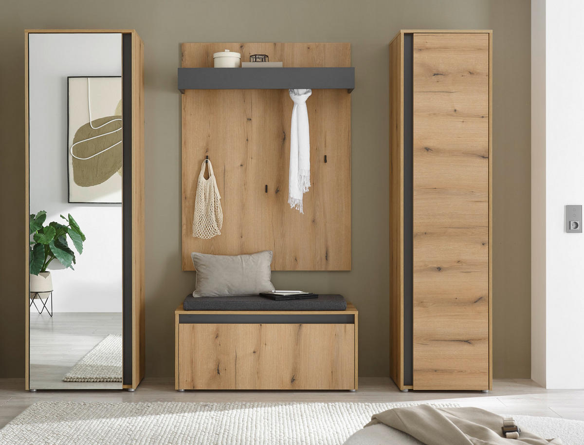 GARDEROBE-SET 5-teilig Evoke Eiche, grau 230 cm, Garderobenkombination mit viel Stauraum - Eichefarben/Schwarz, Glas/Holzwerkstoff (230/200/200cm) - Furn.Design