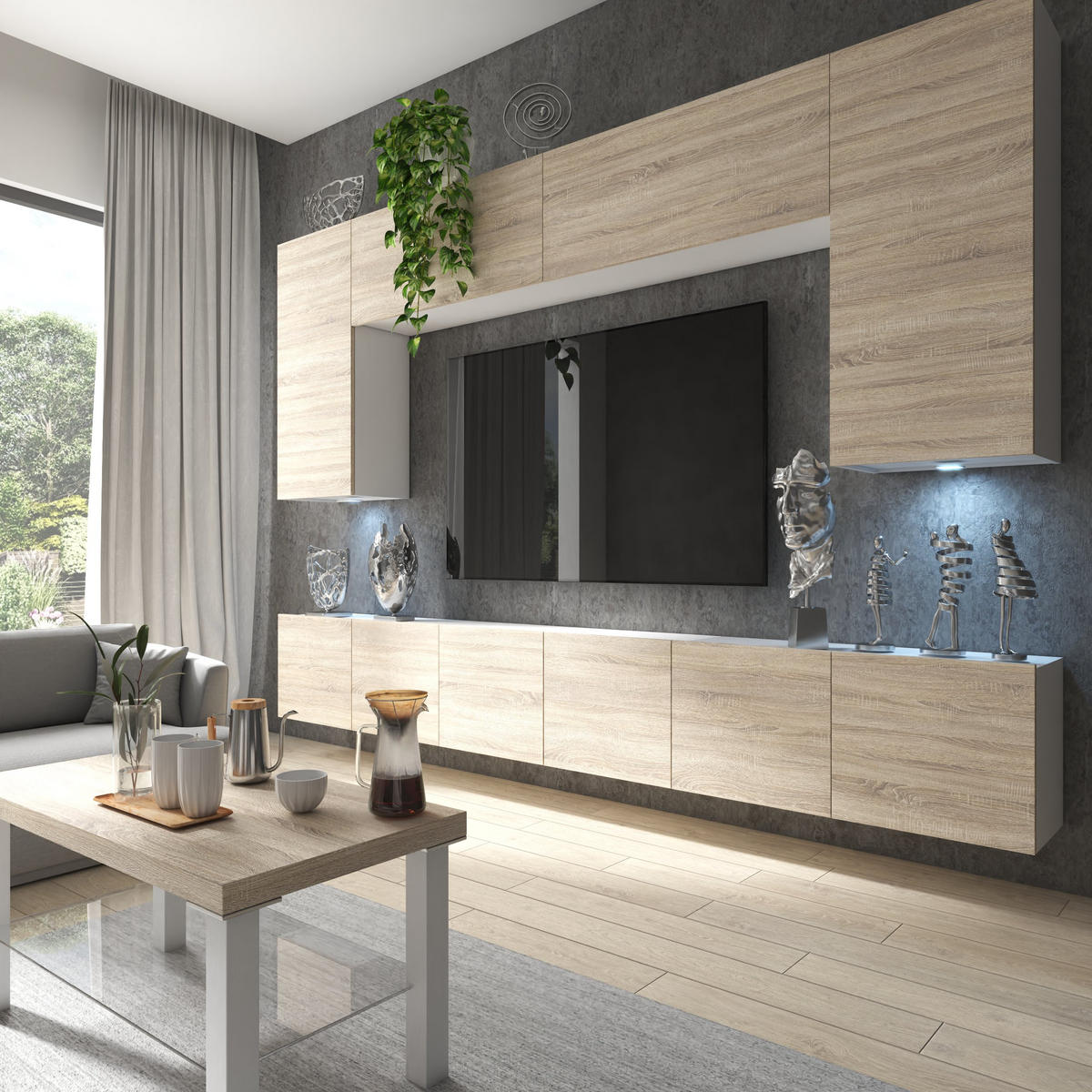 WOHNWAND Milano 2, Sonoma Eiche Matt, 300 cm, Grifflos - Sonoma Eiche, Holz (300/155/36cm) - B BELINI GROUP