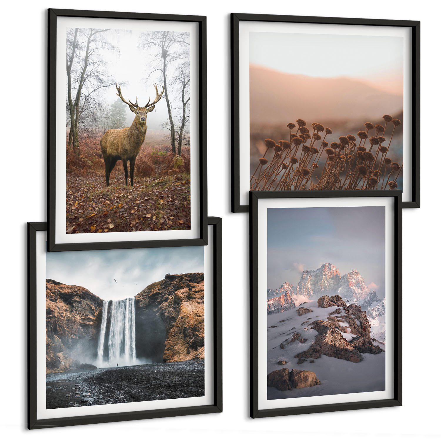 BILDER SET 4er Set - 50x50 cm & 40x60 cm Schwarzer Rahmen - Wilde Landschaften, Berge, Hirsche - Schwarz, Kunststoff (50/50cm) - TULUP