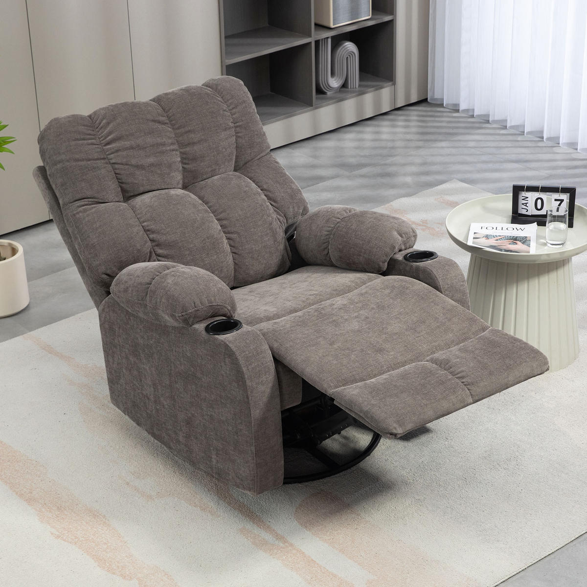 RELAXSESSEL Drehbar Fernsehsessel mit Liegefunktion, Schaukelfunktion Hellbraun - Hellbraun/Schwarz, Textil (96/108/88cm) - HOMCOM