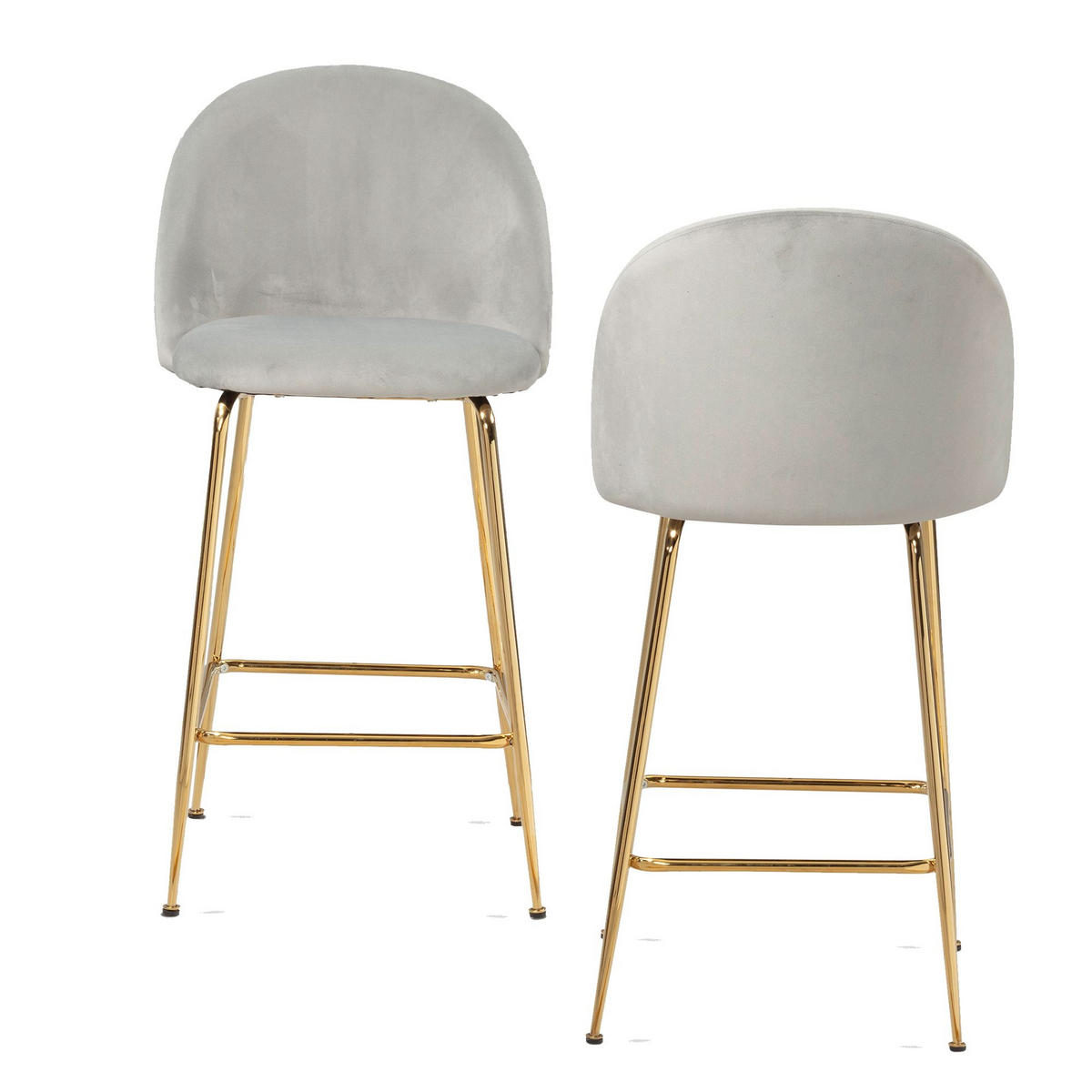 BARHOCKER 2er Set Samt Lehne Goldgestell Skandi-Stil Gepolstert, Grau 50x50x102 cm - Goldfarben/Grau, Textil/Metall (50/102/50cm) - KADIMA DESIGN