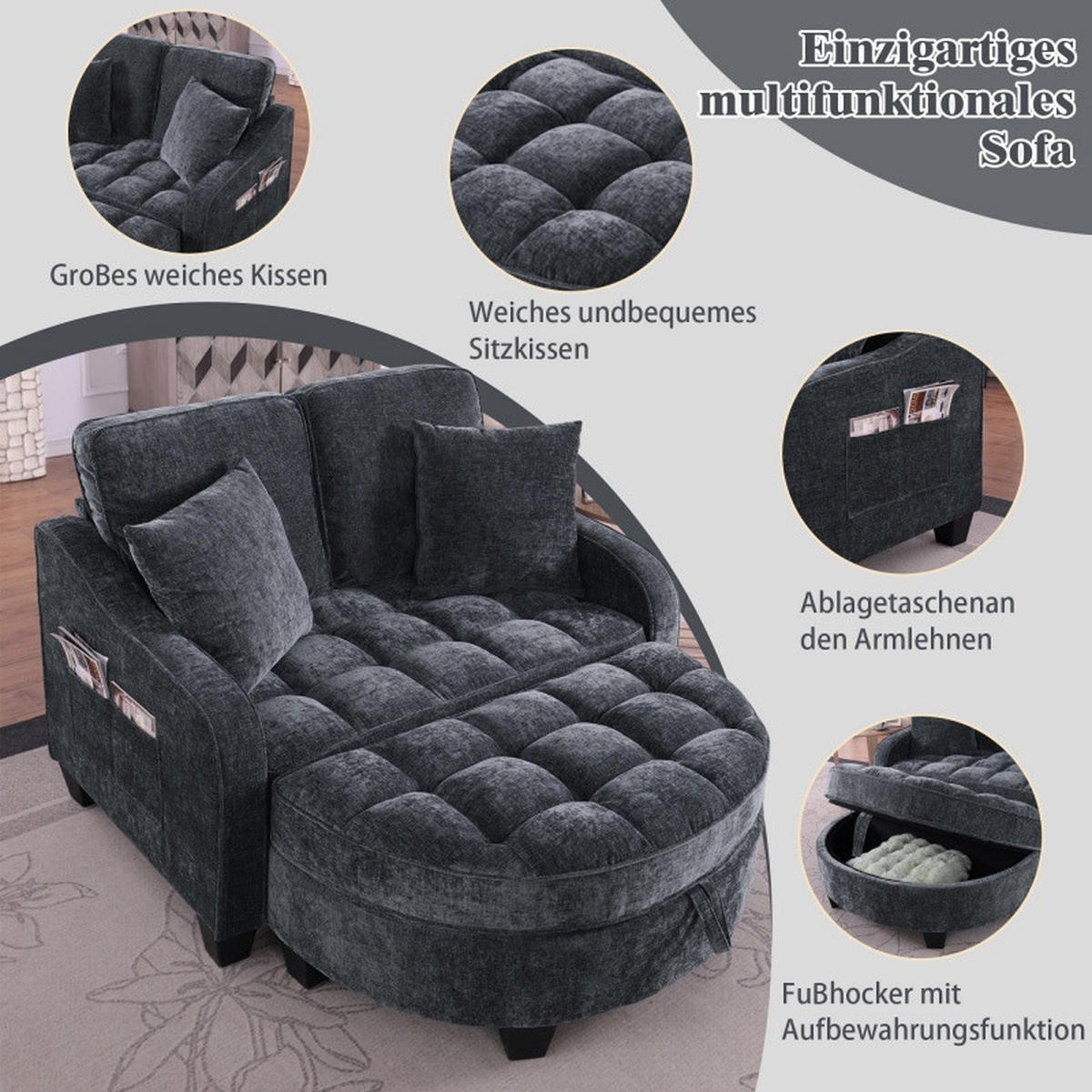 SCHLAFSOFA 2 in 1 Sofa,Sofa mit Schlaffunktion,Hocker und Stauraum Stoffbezug Schwarz - Schwarz, Textil (129/93/132cm)