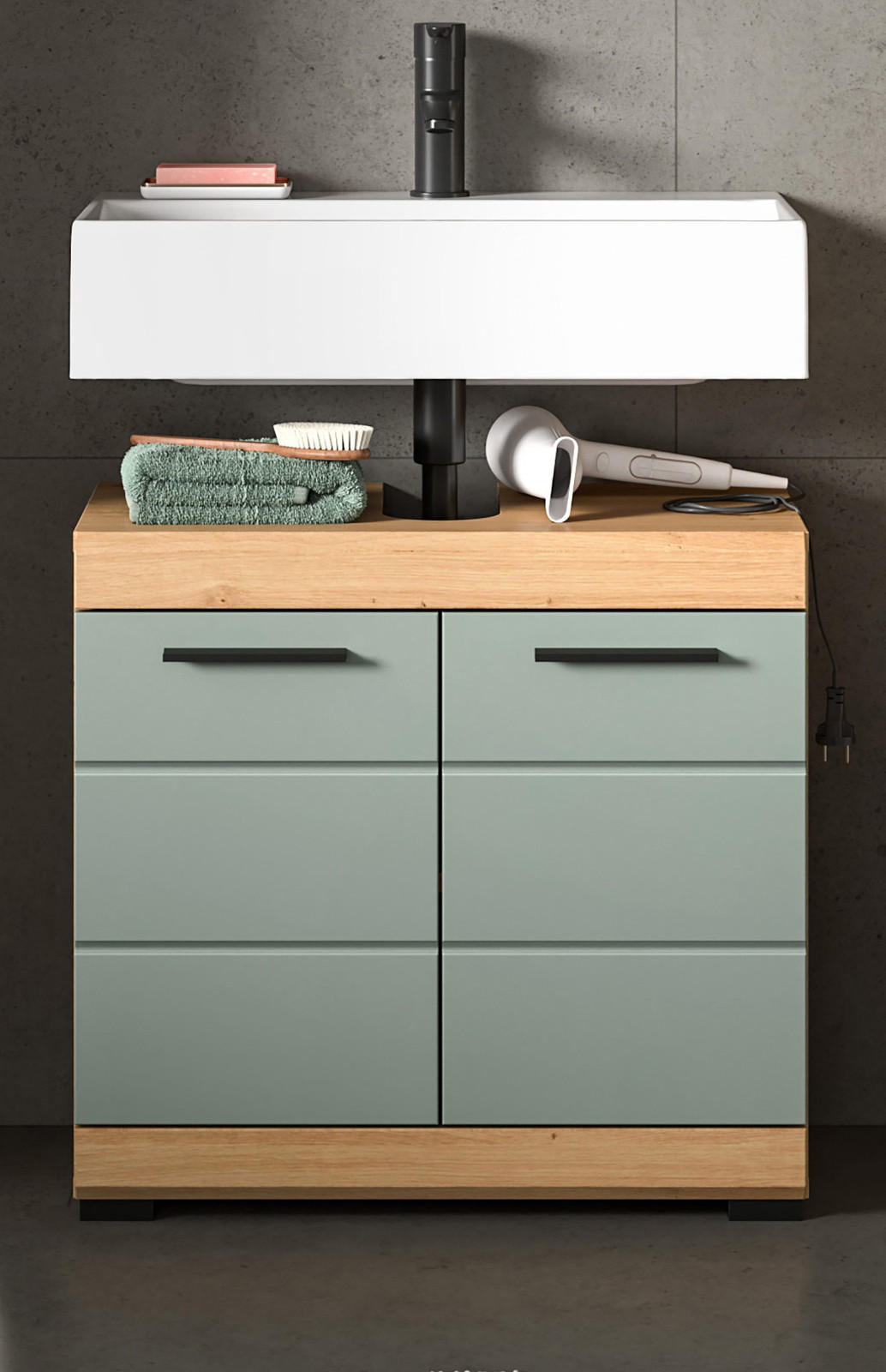WASCHBECKENUNTERSCHRANK Salbei grün, Eiche Artisan 60 cm mit Rillenoptik - Salbeigrün/Schwarz, Holzwerkstoff/Kunststoff (60/56/34cm) - Inn.Furn