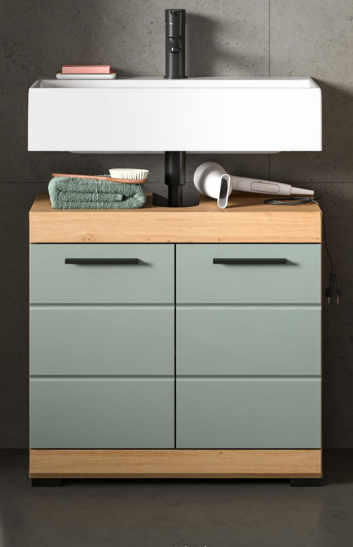 WASCHBECKENUNTERSCHRANK Salbei grün, Eiche Artisan 60 cm mit Rillenoptik - Salbeigrün/Schwarz, Holzwerkstoff/Kunststoff (60/56/34cm) - Inn.Furn