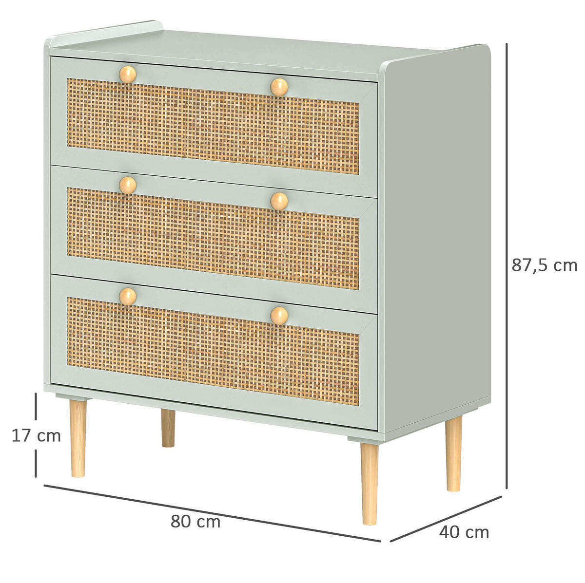 KOMMODE aus Holzwerkstoff 80x40x87,5 cm Hellblau mit 3 Schubladen und Rattanoptik - Hellblau, Holzwerkstoff (80/87.5/40cm) - Modfu