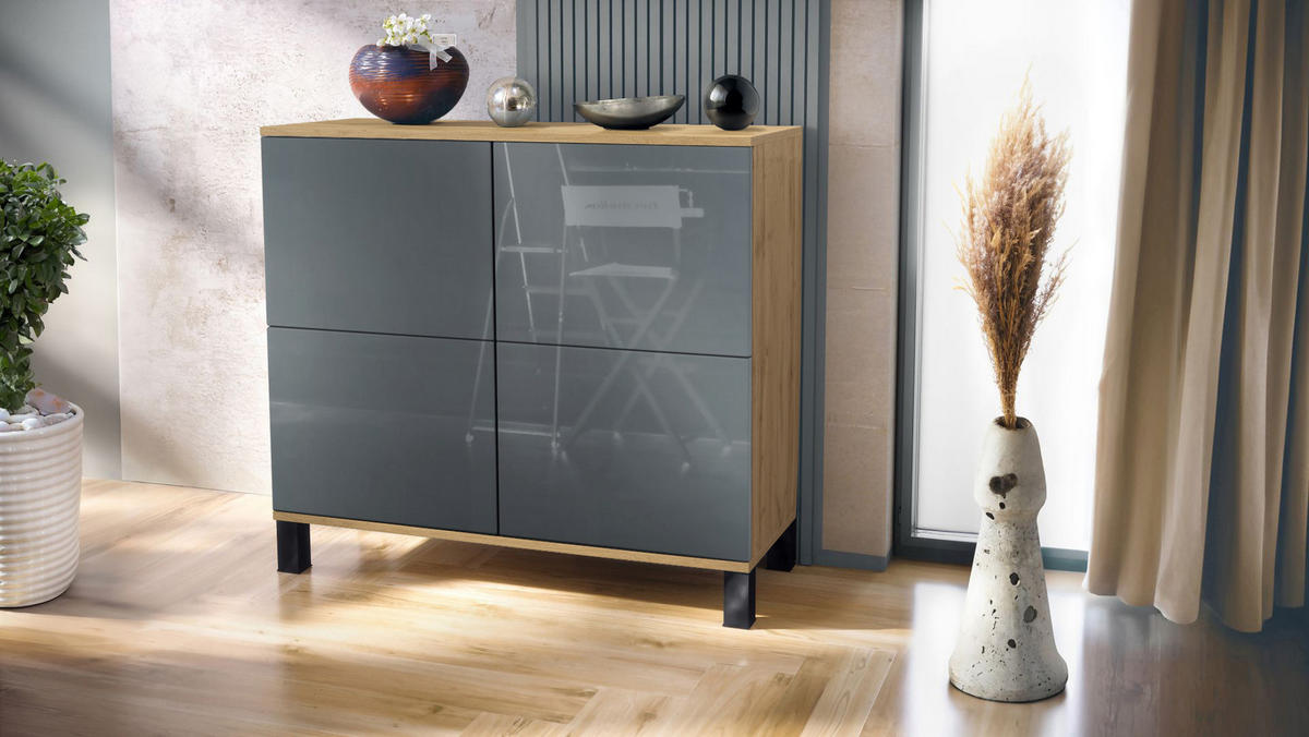 KOMMODE Rova Grau Hochglanz - Grau, Holzwerkstoff (92.5/84.5/35cm) - Vladon