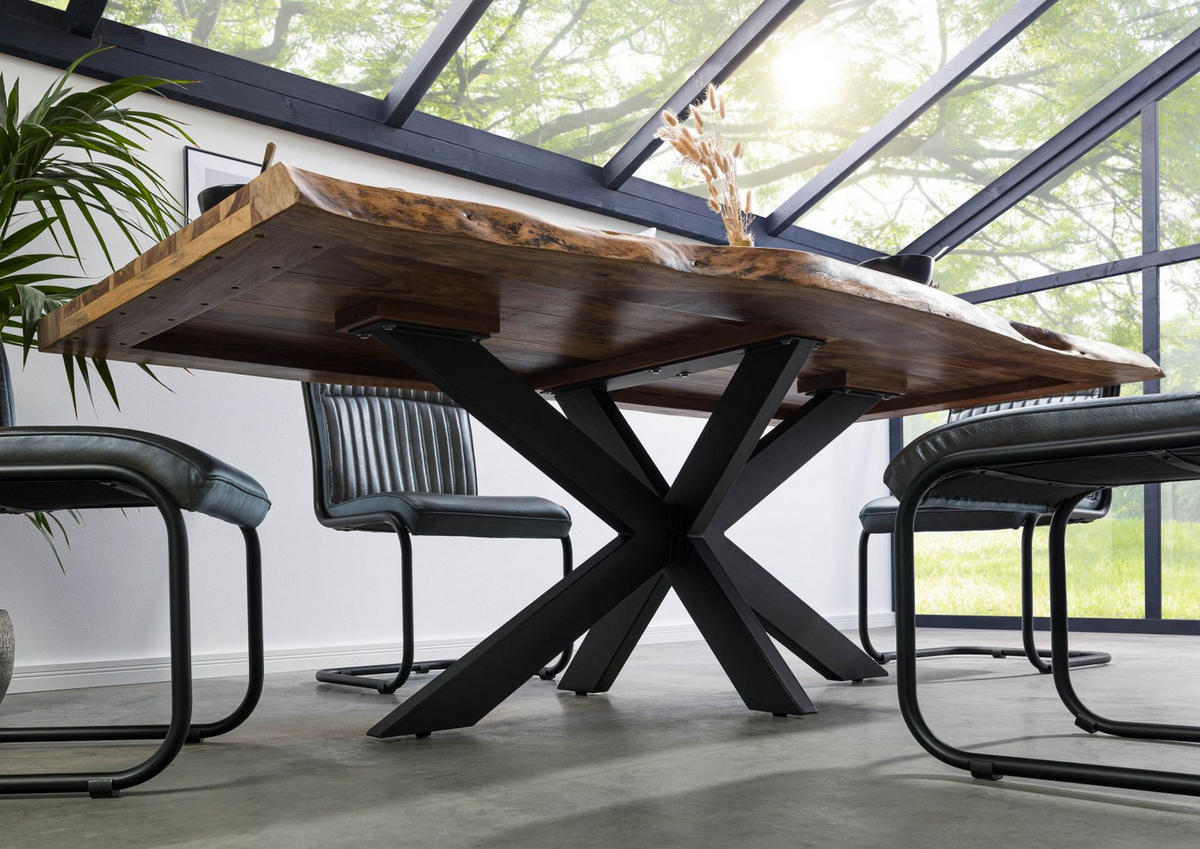 BAUMTISCH Sheesham 260x100x77 natur sandgestrahlt / Kreuzgestell anthrazit matt FREEFORM 5 - Braun, Holz (100/260/77cm) - Massivmoebel24