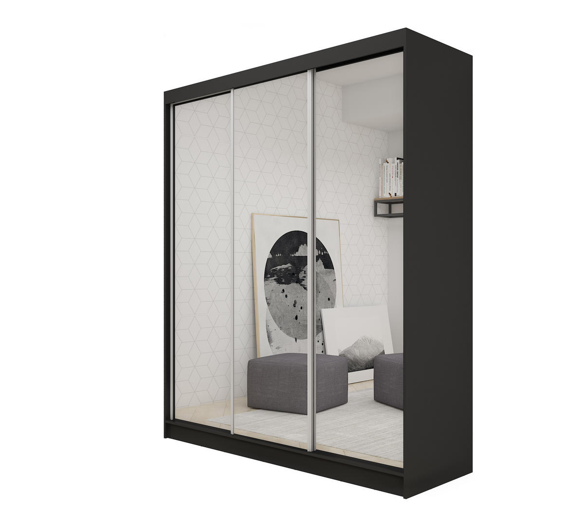 SCHWEBETÜRENSCHRANK BELLINA 180/216/61 cm 3-türig mit Spiegel Schwarz - Schwarz, Holzwerkstoff (180/216/61cm) - MASSENO