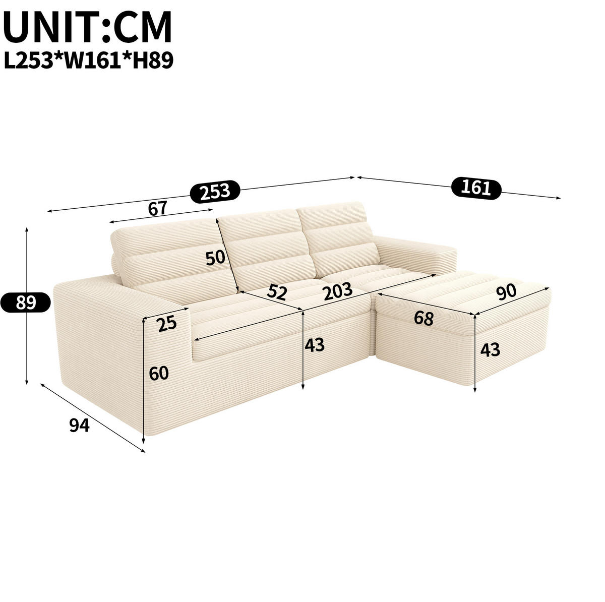 SOFA Modulares Ecksofa 253 x 161 x 89 cm Beige Cord - Beige, Kunststoff (161/253cm) - Meubliv