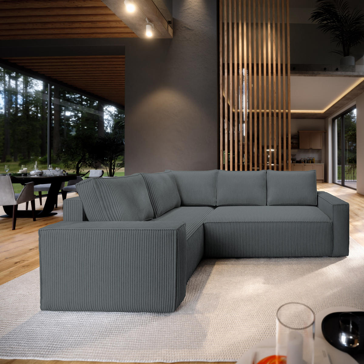 ECKSOFA ESTANO L-S Grau Kordstoff mit Schlaffunktion - Grau, Holz (230/158cm) - MASSENO