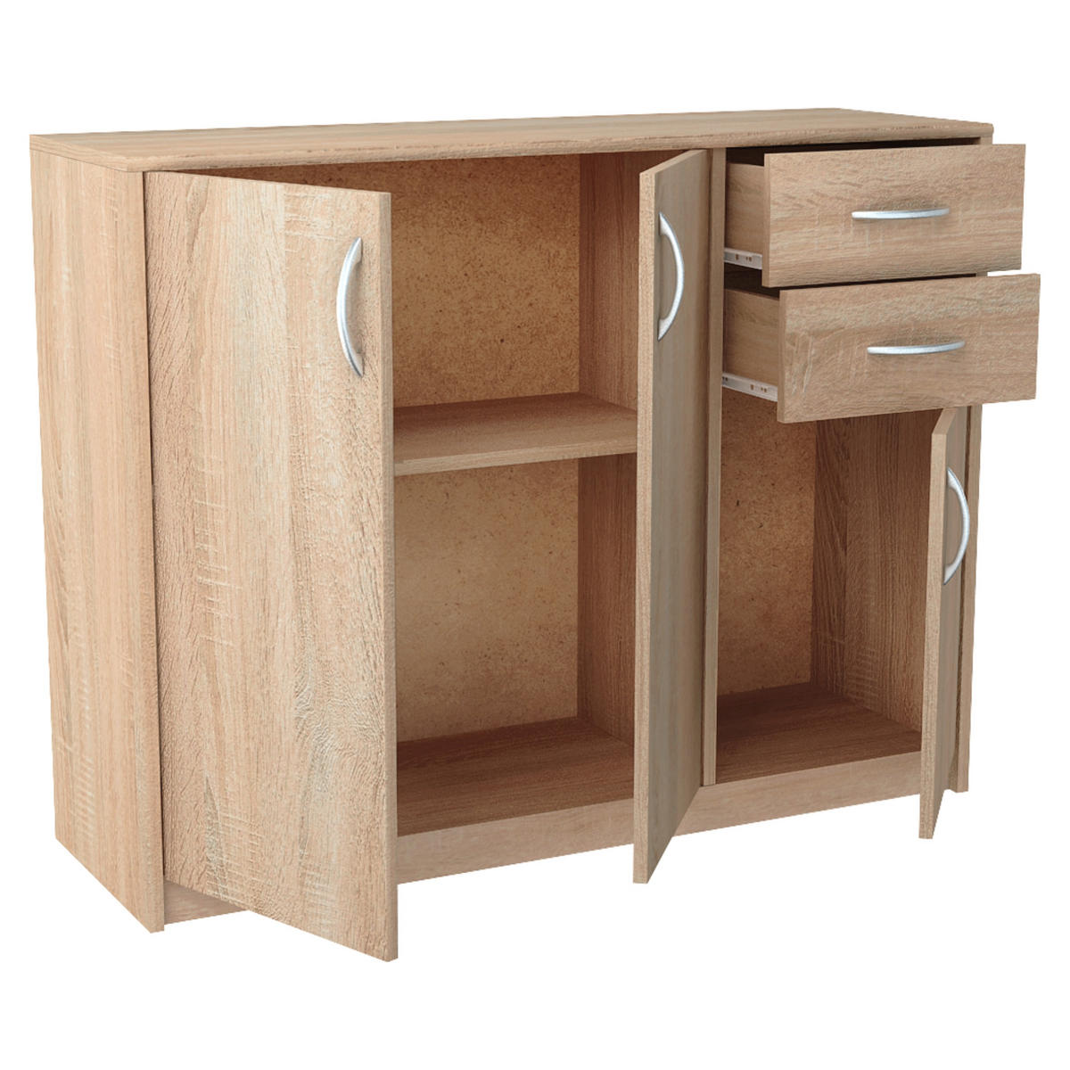 KOMMODE mit 2 Schubladen und 3 Türen - Hellbraun, Holzwerkstoff (110/85/35cm) - Home Collective