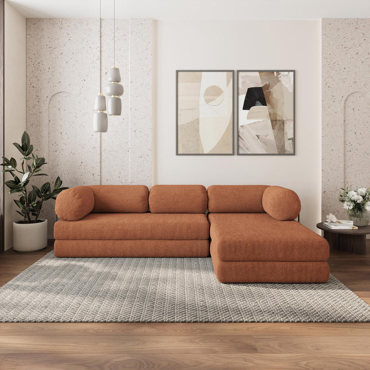 ROHOVÁ SEDAČKA KELI modulární Boneless pohovka s funkcí spaní, měděná QUELLE 54 - pomerančová, textil (270/160cm) - MASSENO