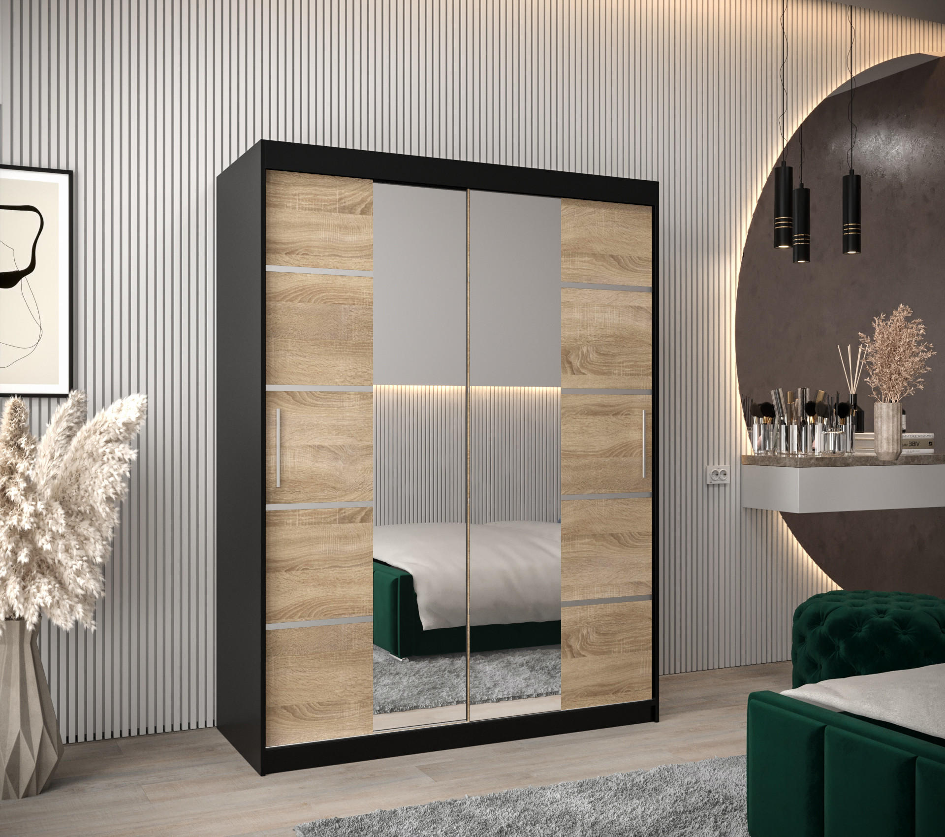 SCHWEBETÜRENSCHRANK 200/150/62 2-türig - Silberfarben/Schwarz, Holz/Kunststoff (150/200/62cm) - Abiks Möbel