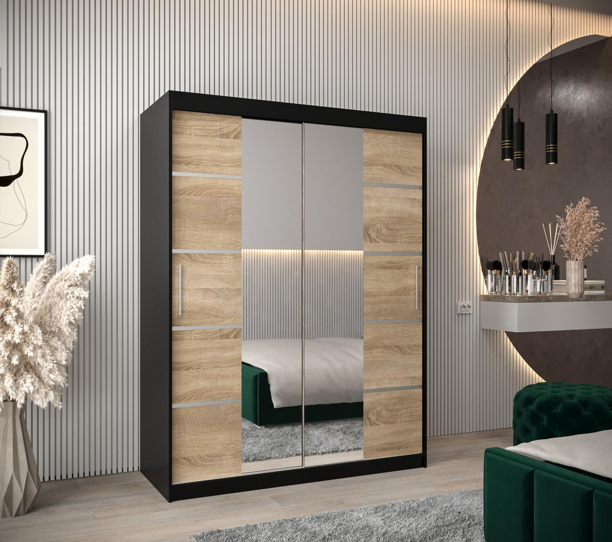 SCHWEBETÜRENSCHRANK 200/150/62 2-türig - Silberfarben/Schwarz, Holz/Kunststoff (150/200/62cm) - Abiks Möbel