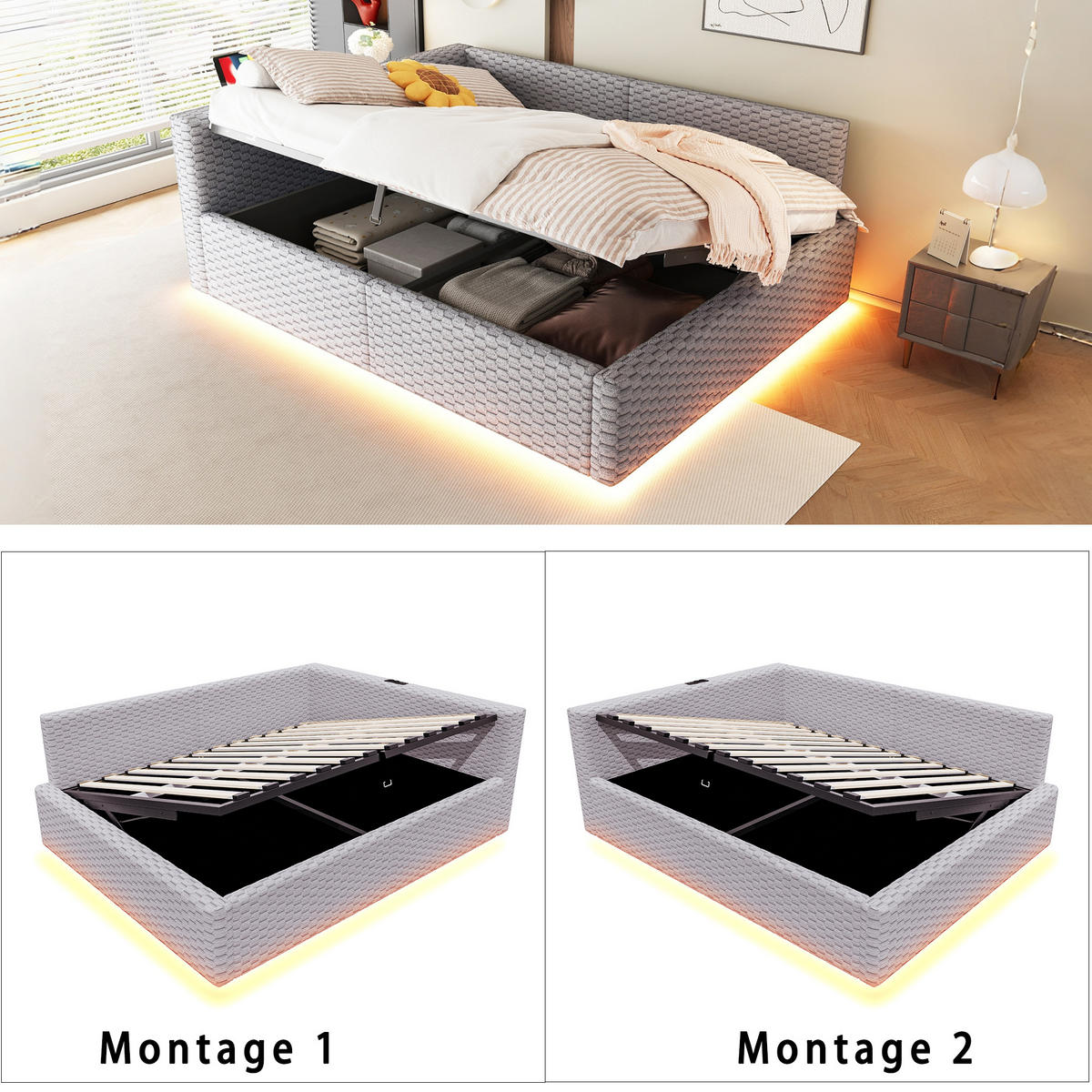 POLSTERBETT 140/200 cm Grau mit LED-Beleuchtung, USB-C-Anschluss und 2 USB-Anschlüssen - Grau, Textil (140/200cm) - Oxeza