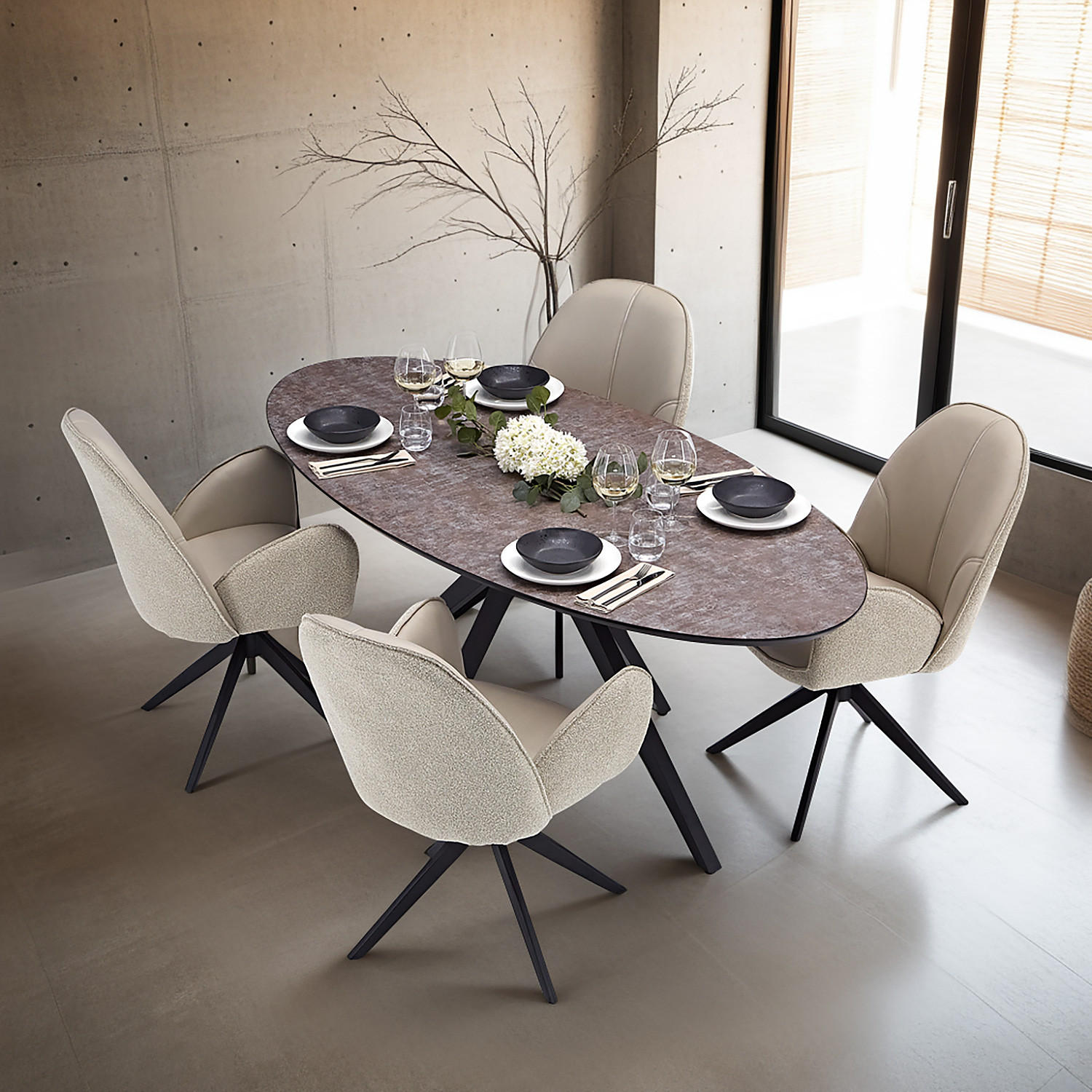 TISCHGRUPPE oval schwarz mit 4 Stühle Beige - Beige, Metall (95/90/200cm) - Homestyle4u