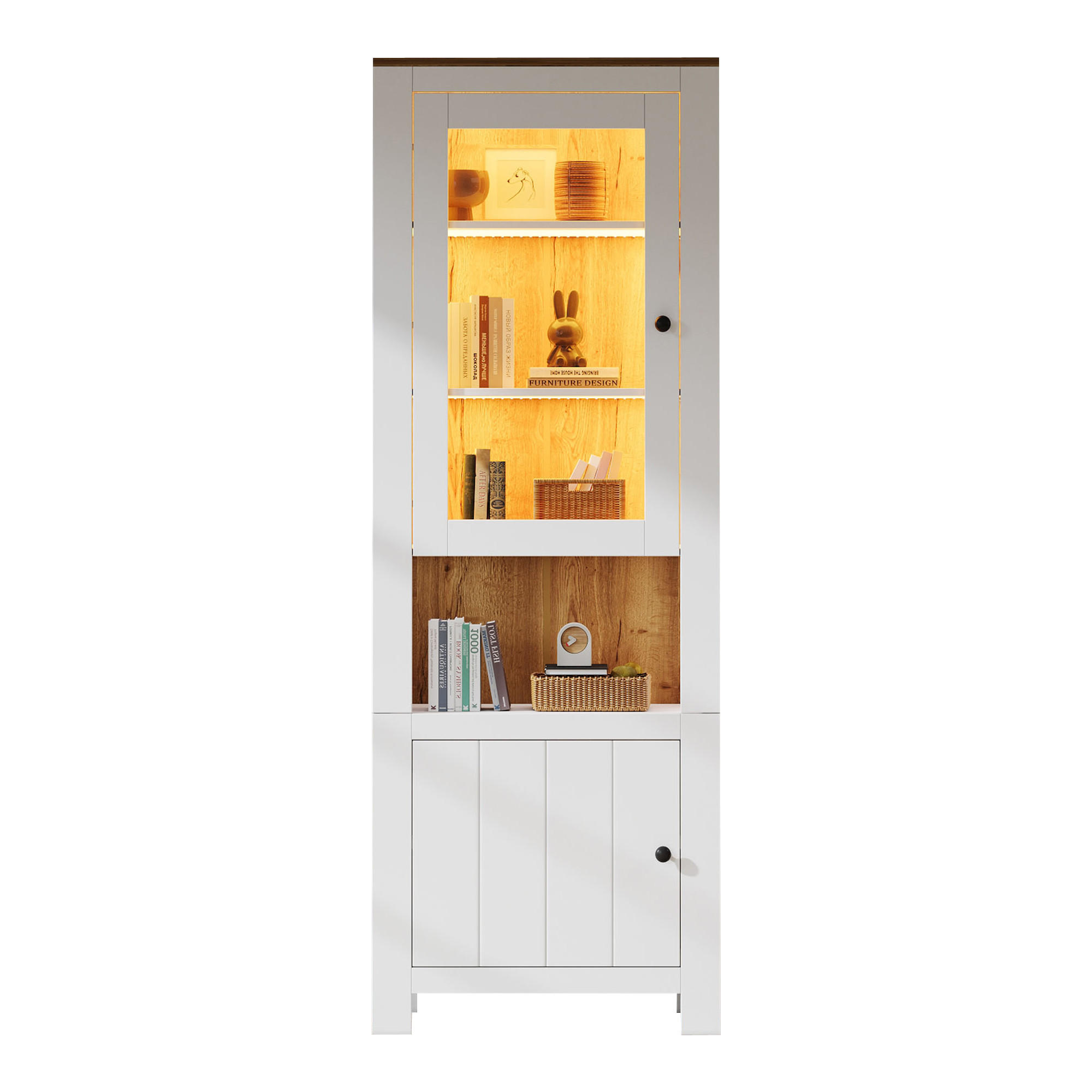 VITRINE LED Hochschrank Glas 188cm 6 Böden Weiß Holzoptik - Weiß, Holzwerkstoff (70/188/40cm) - FLIEKS